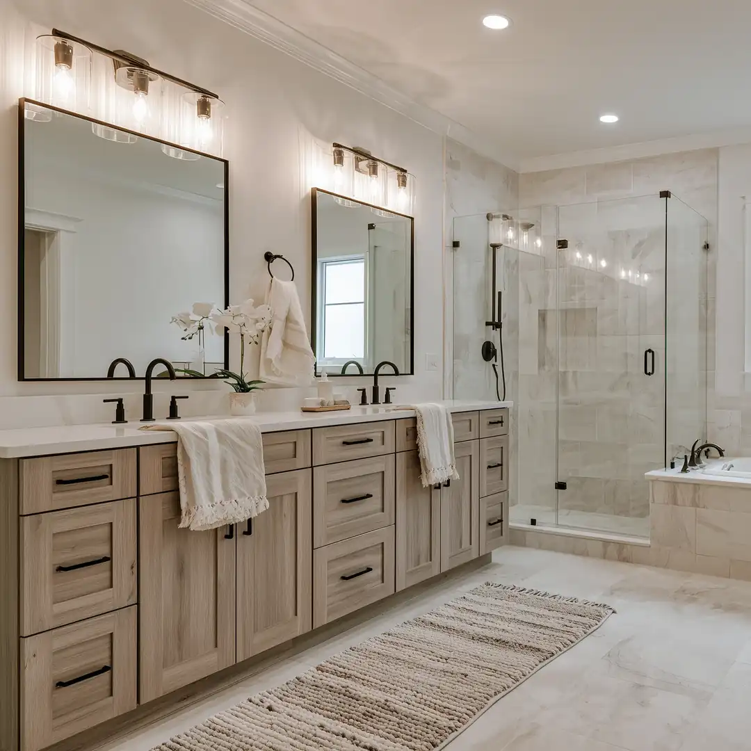 Toronto bathroom after renovation with a new tub and shower, grey tile, and an oak vanity in the same layout