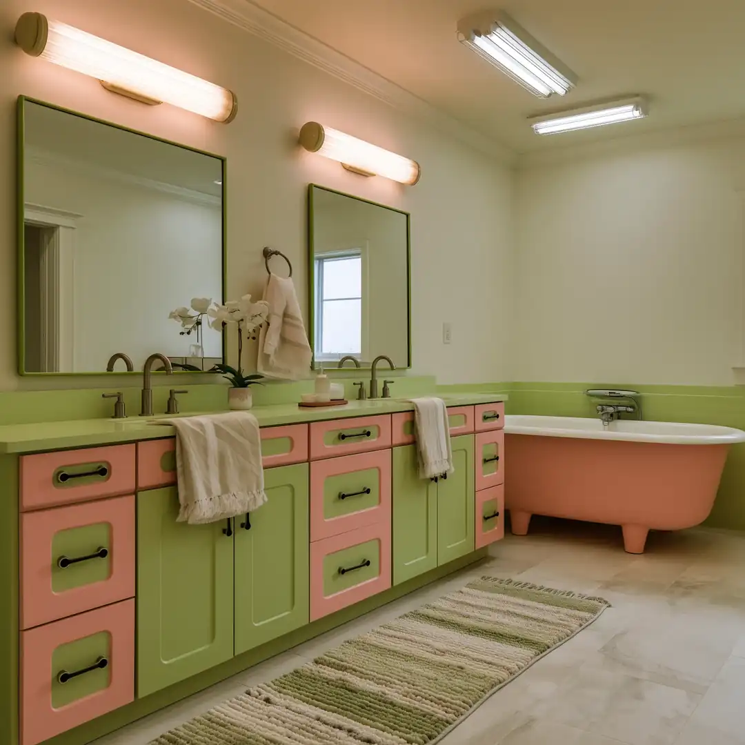Dated Toronto bathroom with an almond tub, beige tile, and an oak vanity before renovation