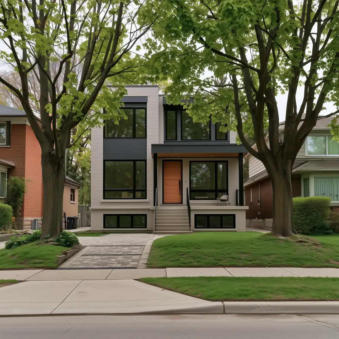 New two-storey custom home with a light grey brick exterior on the same Toronto lot