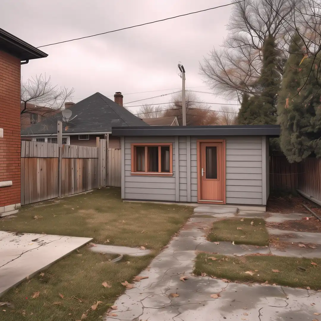New one-storey garden suite with light grey fibre cement siding in the same Toronto backyard