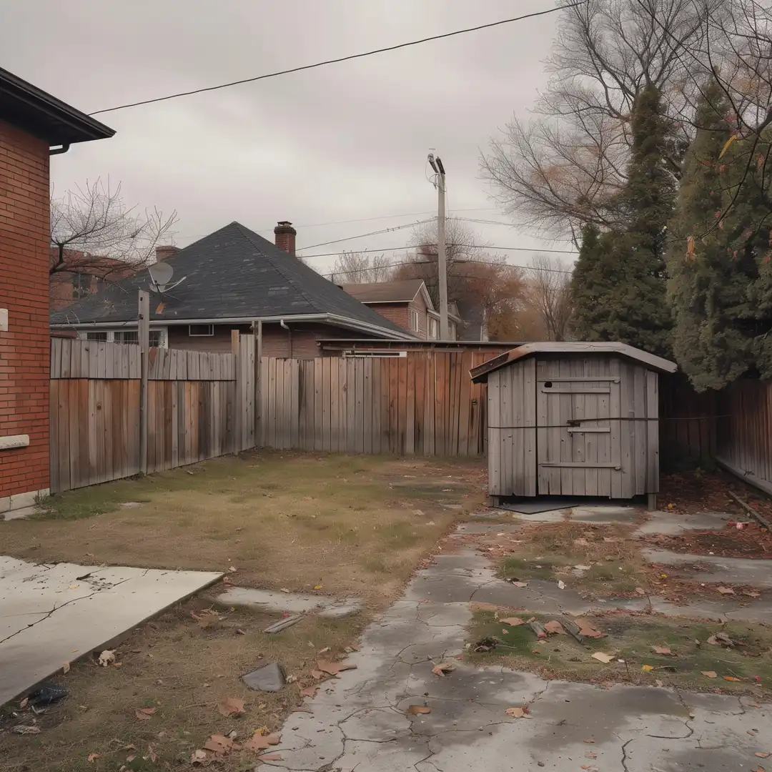 Plain Toronto backyard with patchy lawn and an old wooden shed before a garden suite is built