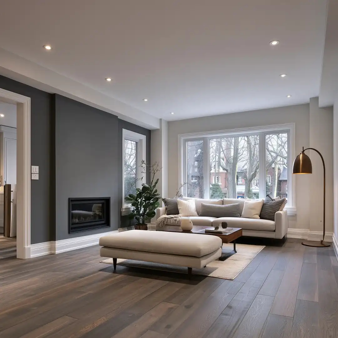Toronto living room after a whole-home renovation with oak floors, a smooth ceiling, pot lights, and new trim