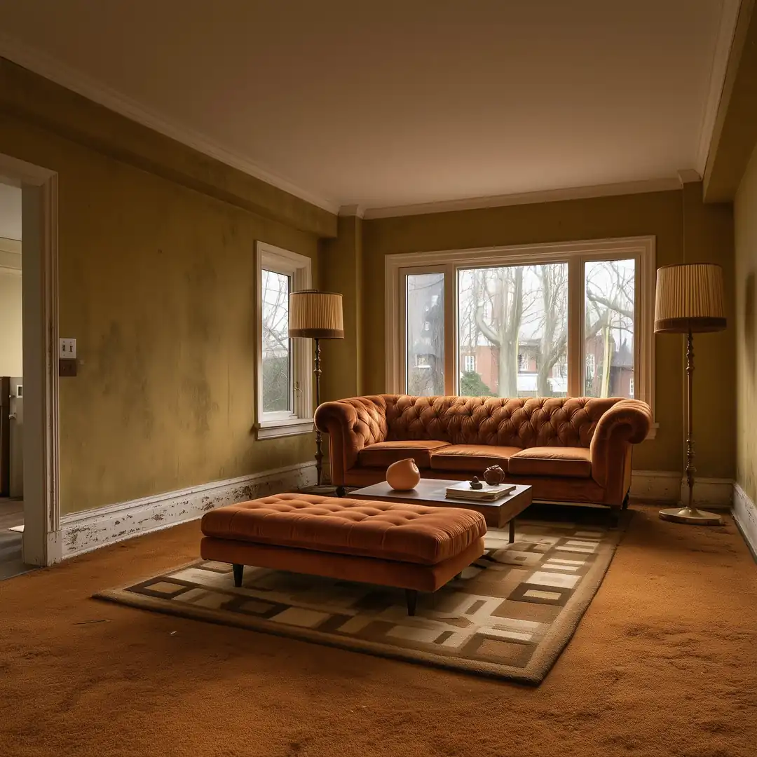 Dated Toronto living room with worn carpet, a stippled ceiling, and old trim before a whole-home renovation