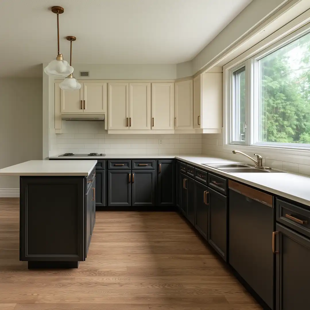 The same Toronto kitchen after renovation with charcoal and cream cabinets, quartz countertops, and the original layout