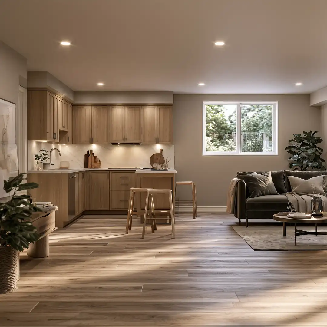 Toronto basement converted into a legal basement apartment with a full kitchen, living area, and egress window