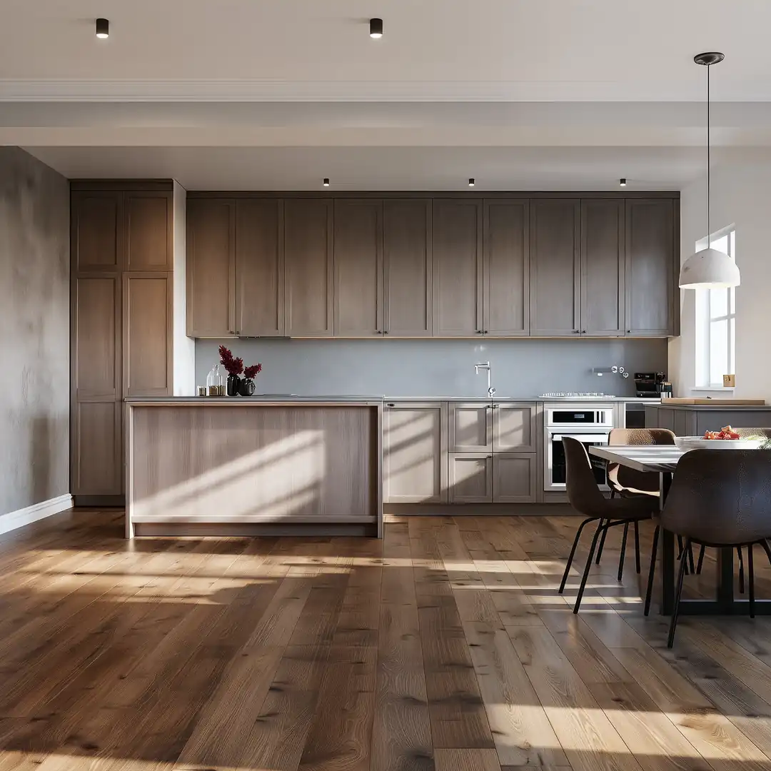 The same Toronto kitchen open to the dining room after load-bearing wall removal, with a flush beam in the ceiling