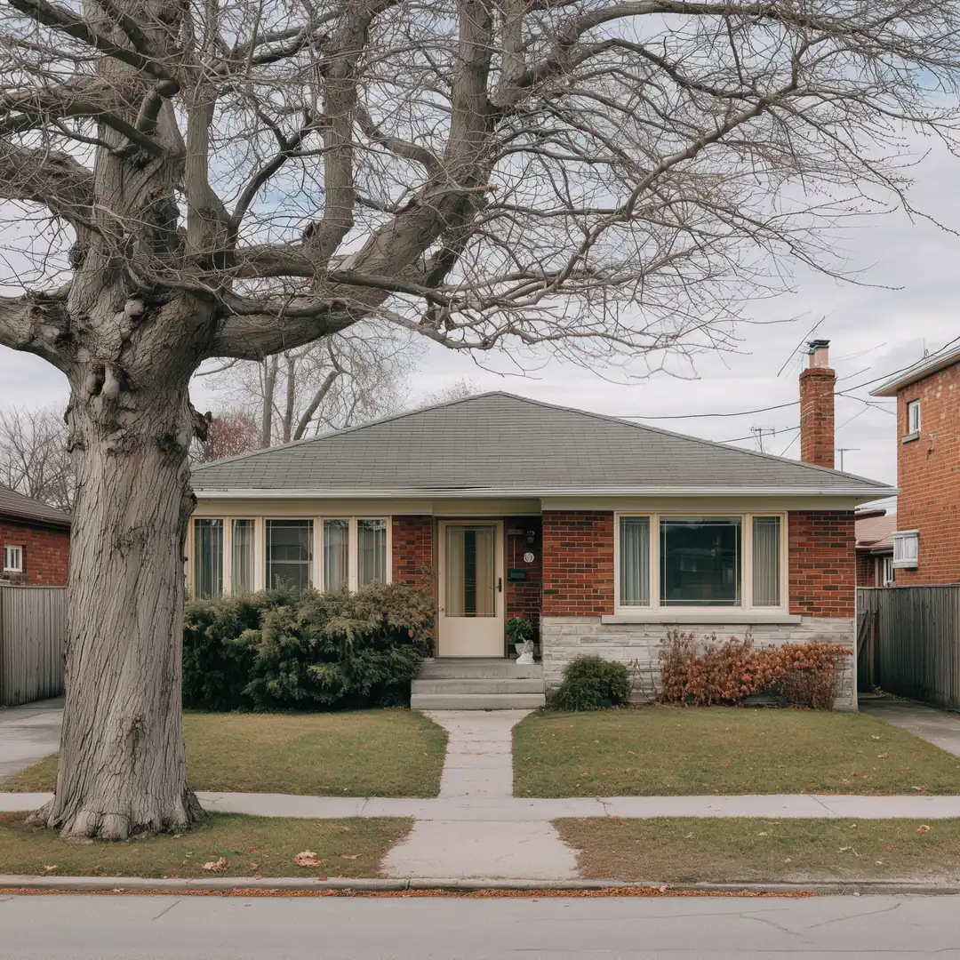 One-storey brick bungalow on a Toronto street before a second-storey addition