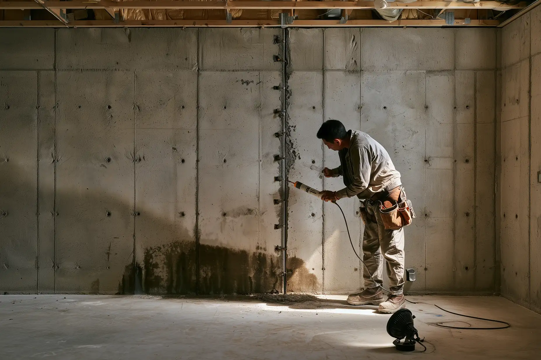 Contractor sealing a foundation wall crack before framing in a Toronto basement renovation