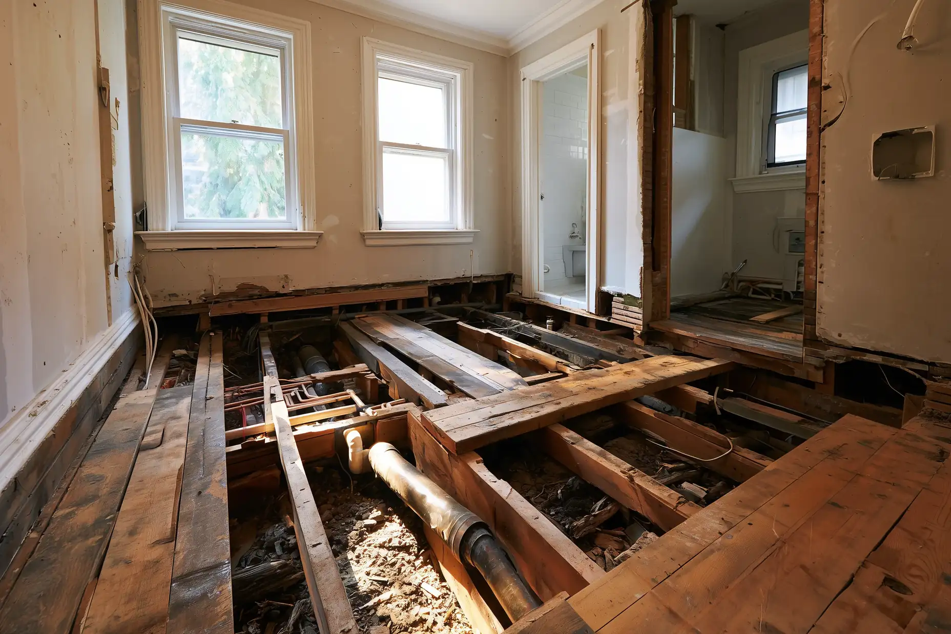 New drain and water lines in an opened floor for a relocated toilet in a Toronto bathroom renovation