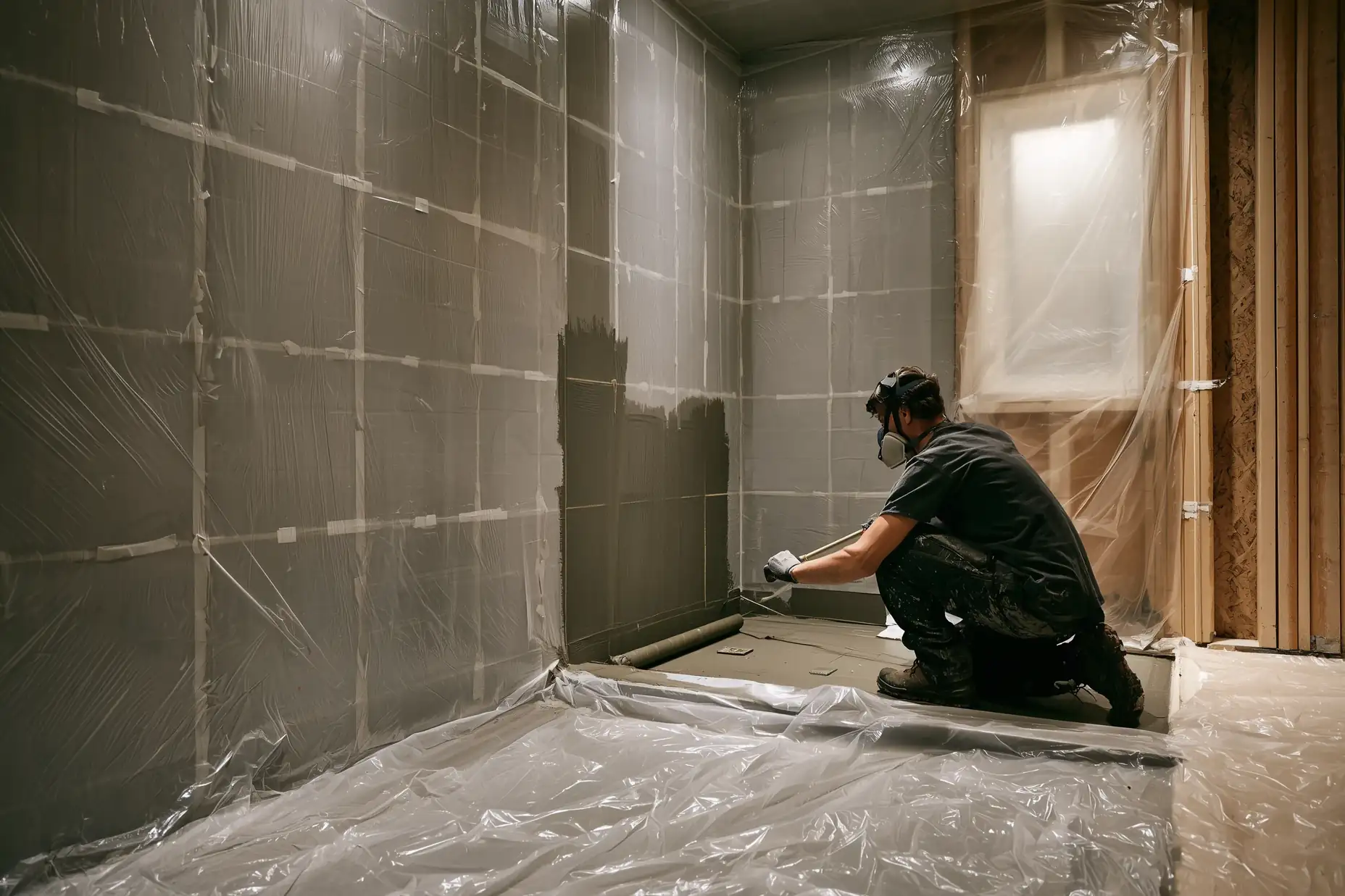 Contractor applying a waterproofing membrane to shower walls before tiling in a Toronto bathroom renovation