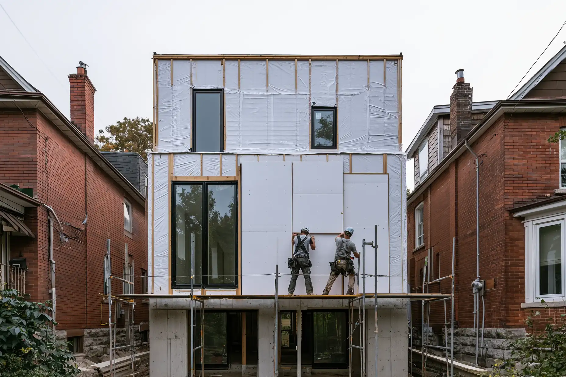 Crew installing exterior insulation over an airtight membrane on a new custom home in Toronto