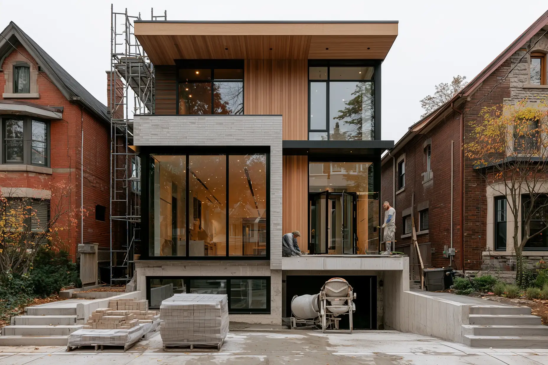 Masons laying a brick exterior around large windows on a new custom home in Toronto