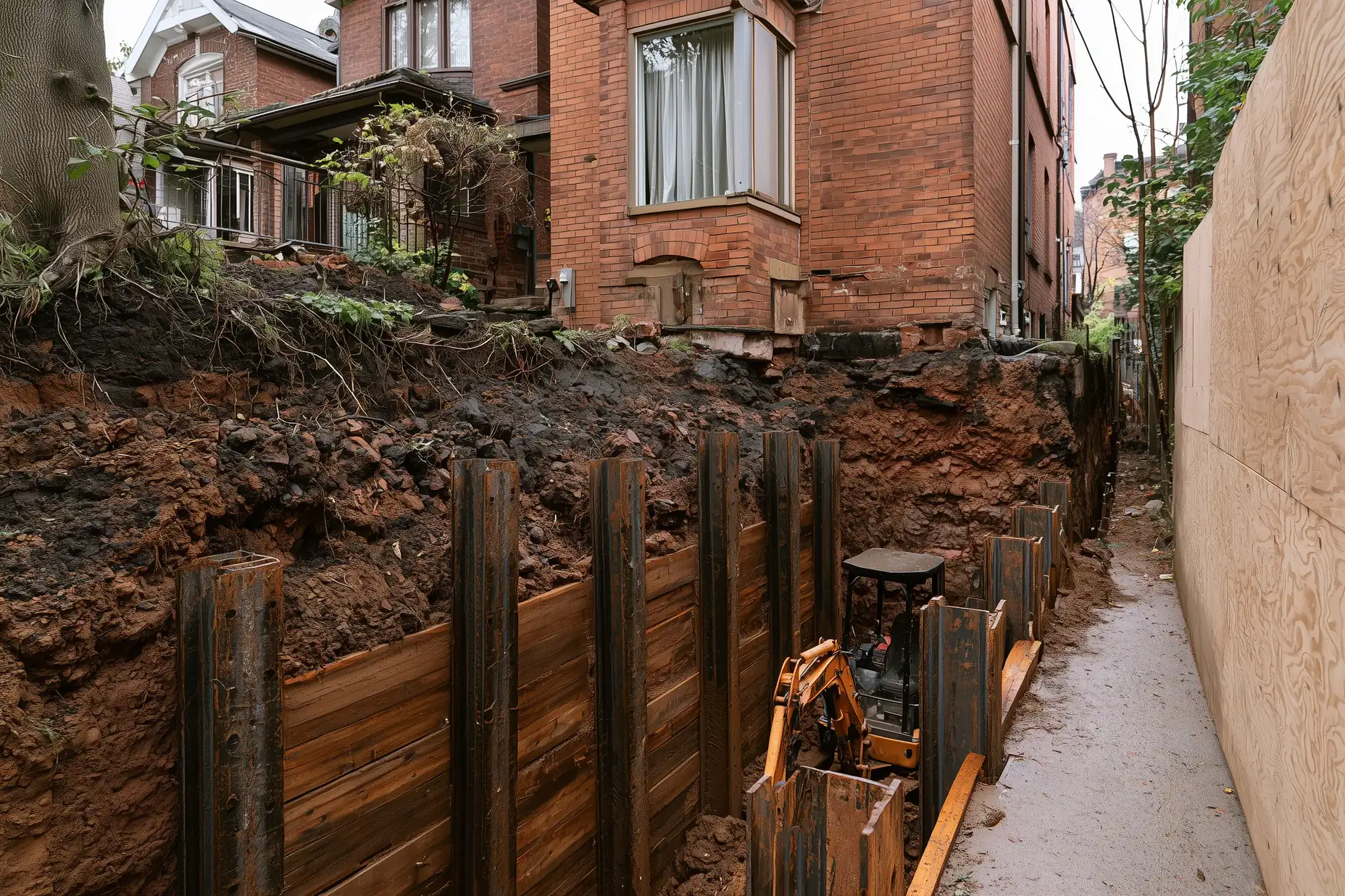 Deep basement excavation with steel shoring beside a neighbouring house on a narrow Toronto lot