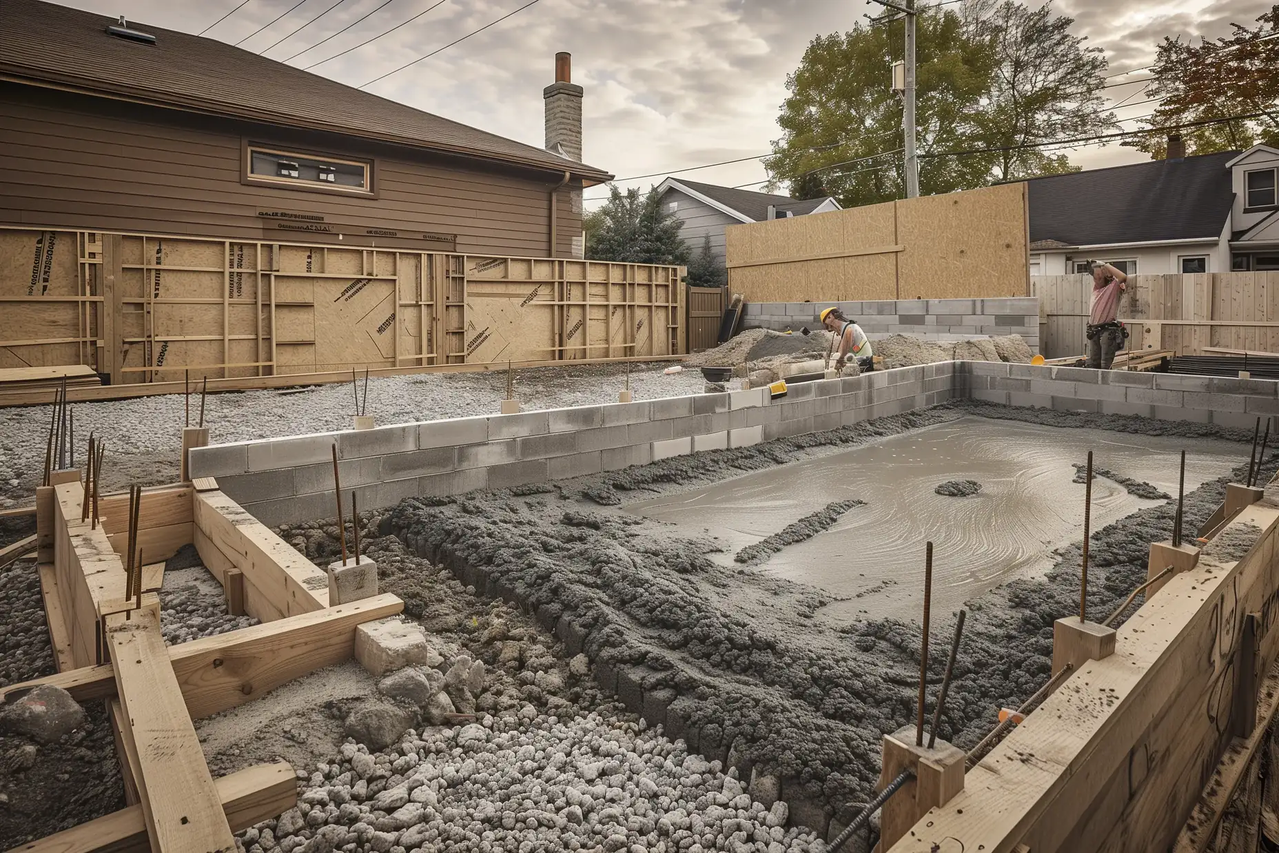 Concrete frost walls and footings poured for a two-car detached garage foundation in a Toronto backyard