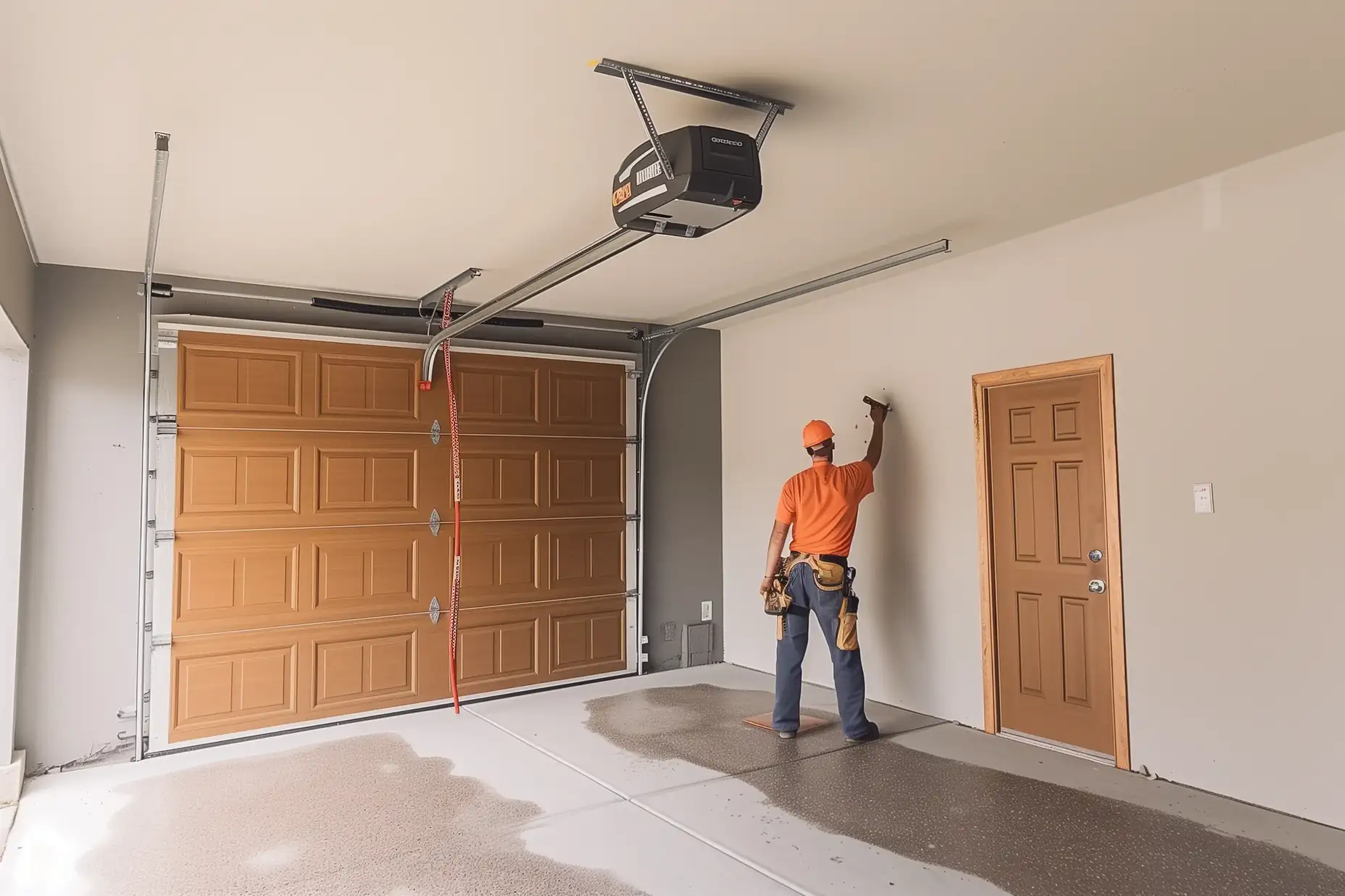 Installer fitting an insulated double garage door and automatic opener in a new Toronto detached garage