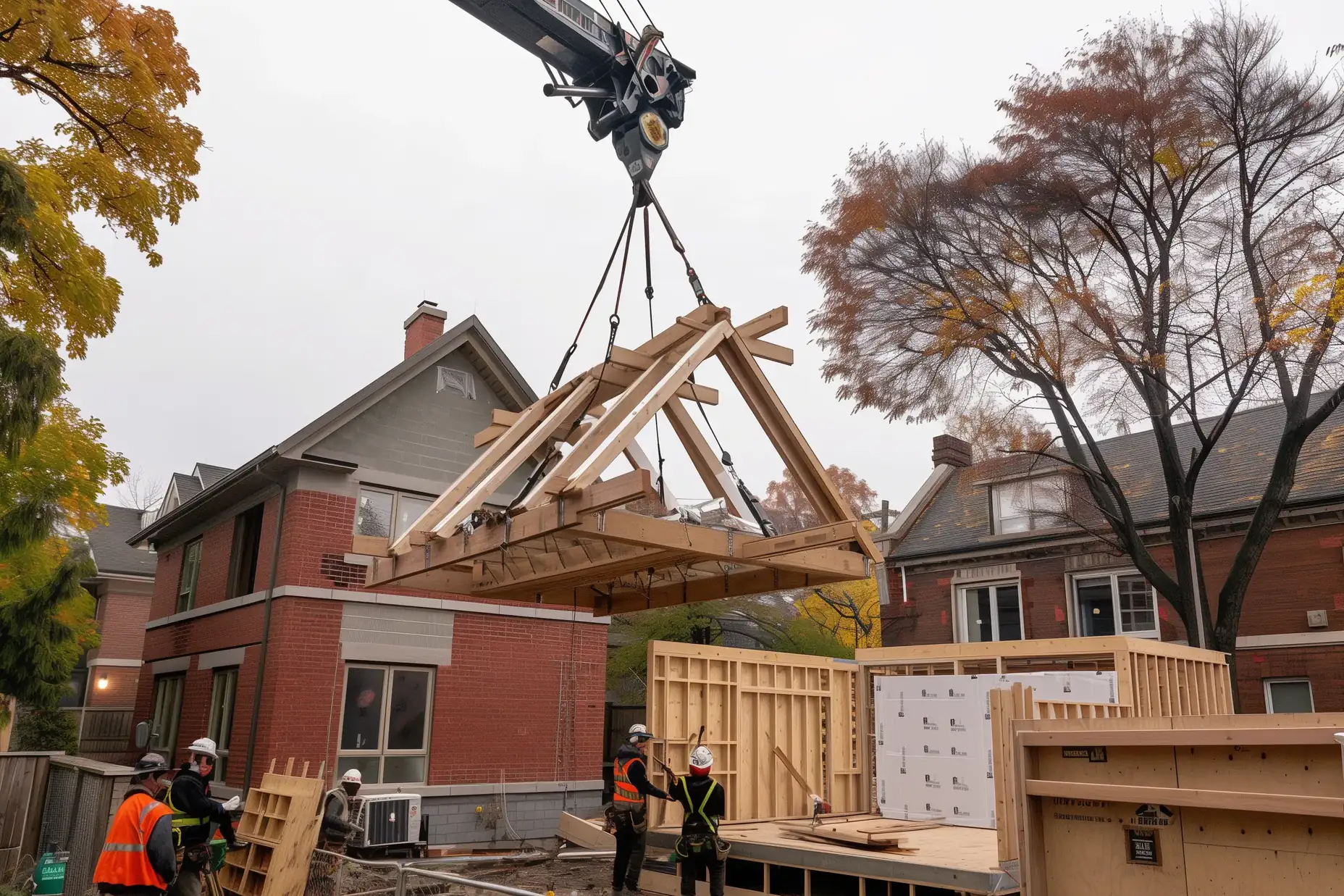 Crane lifting roof trusses over a Toronto house into the backyard for a garden suite build