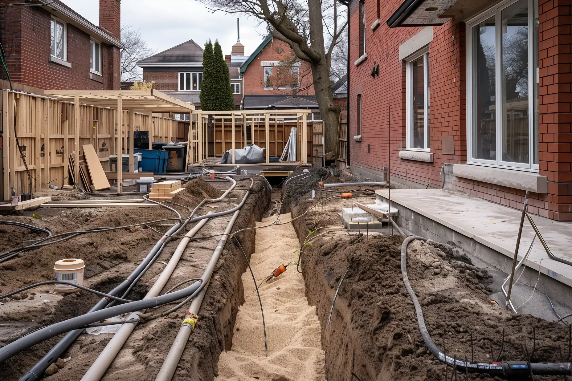 Trench carrying new water, sewer, and power lines from a Toronto house to a garden suite under construction