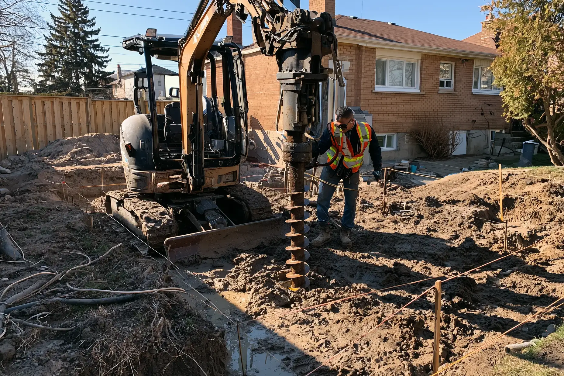 Crew installing helical piles for a rear home addition foundation in a Toronto backyard