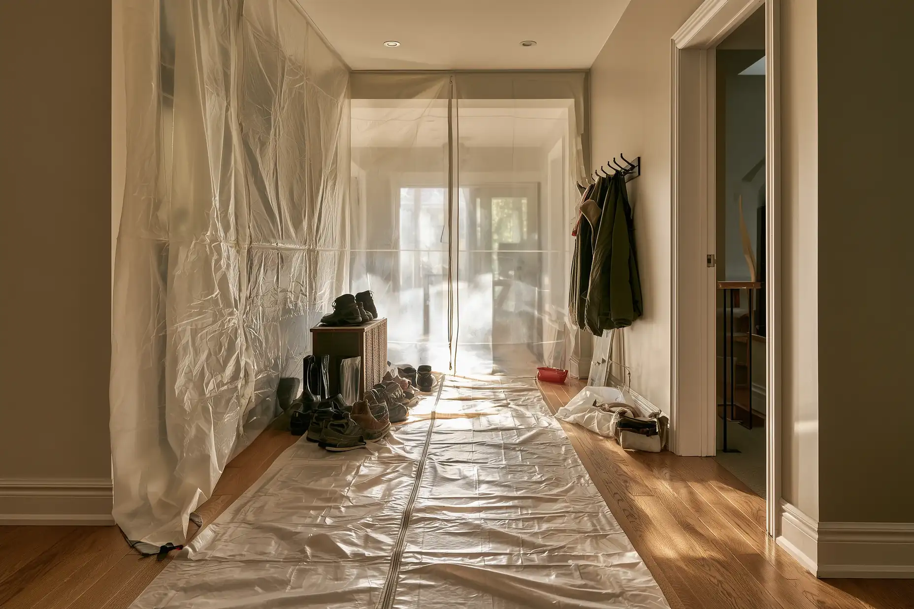 Plastic dust wall and floor protection keeping a lived-in Toronto home clean during a whole-home renovation
