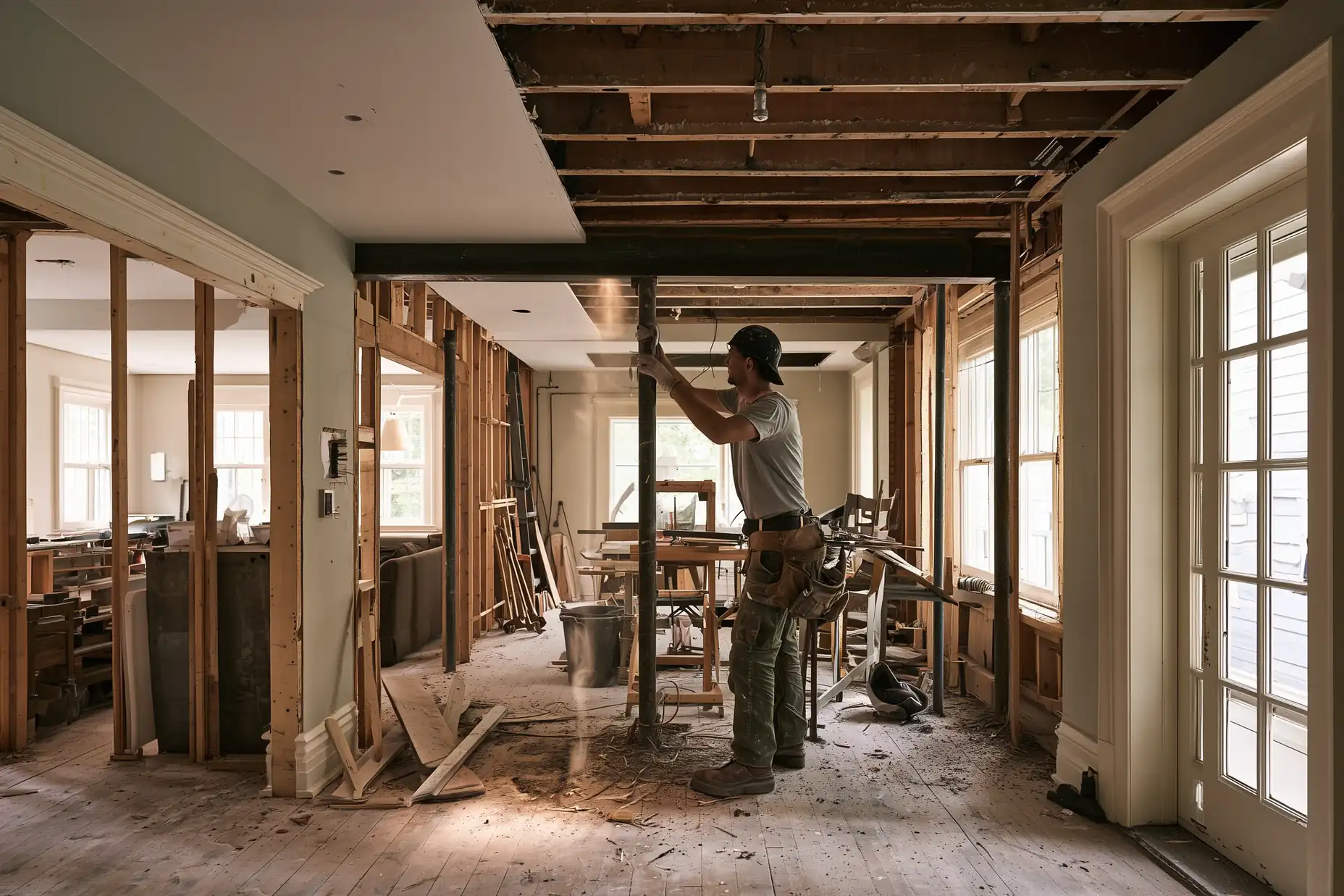 Contractor installing a steel beam where a wall was opened during a whole-home renovation in Toronto