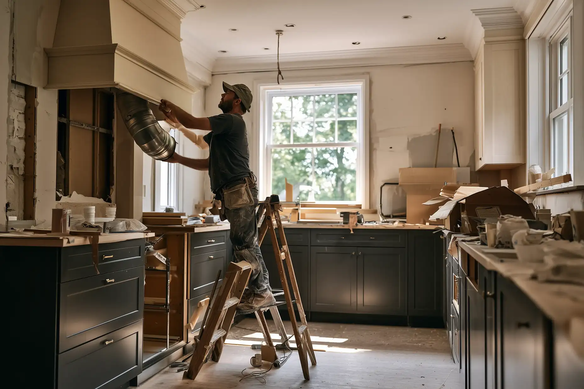 Contractor fitting a range hood duct through the exterior wall during a Toronto kitchen renovation