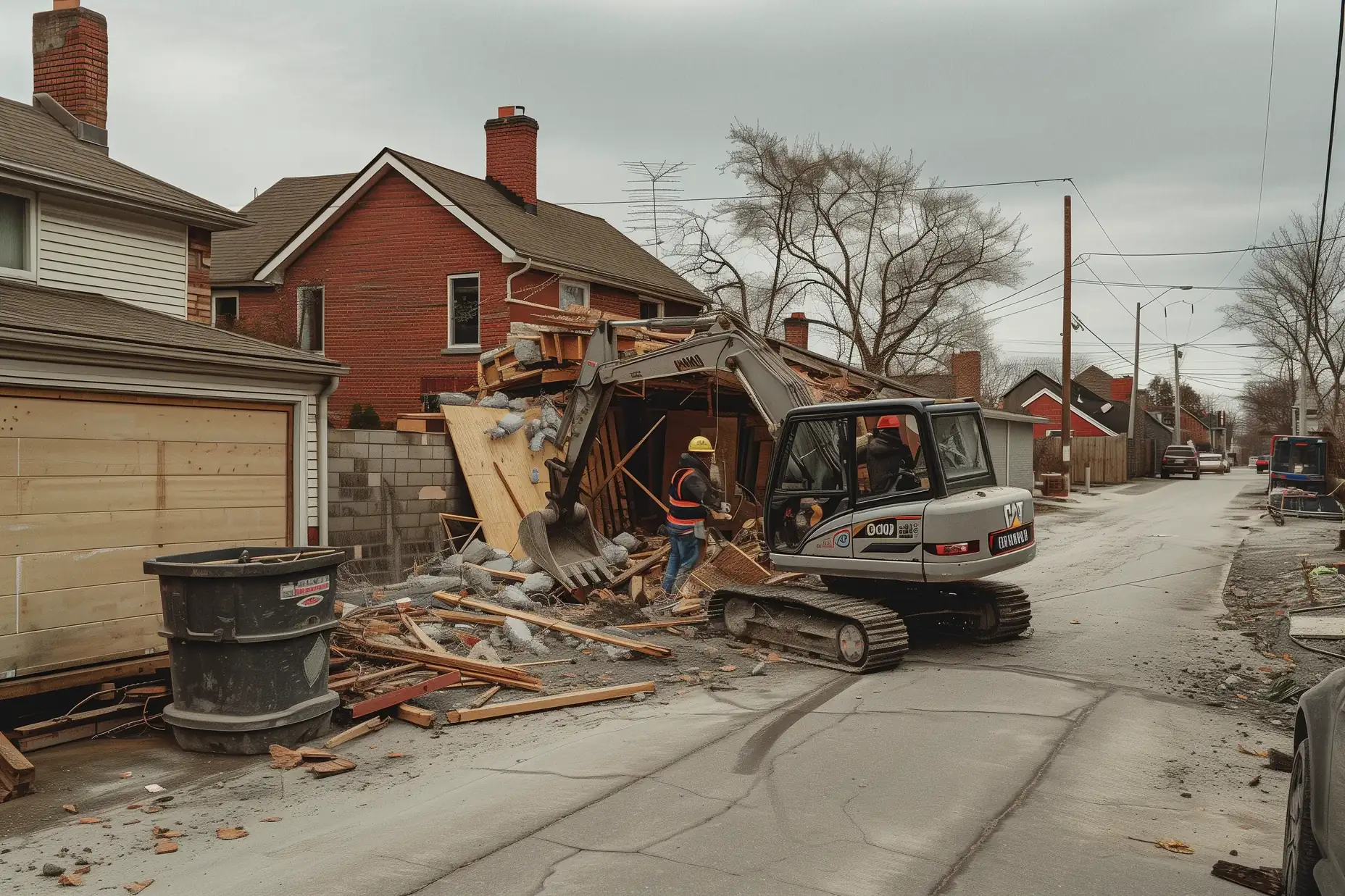 Crew demolishing an old detached garage on a Toronto lane to clear the lot for a laneway suite
