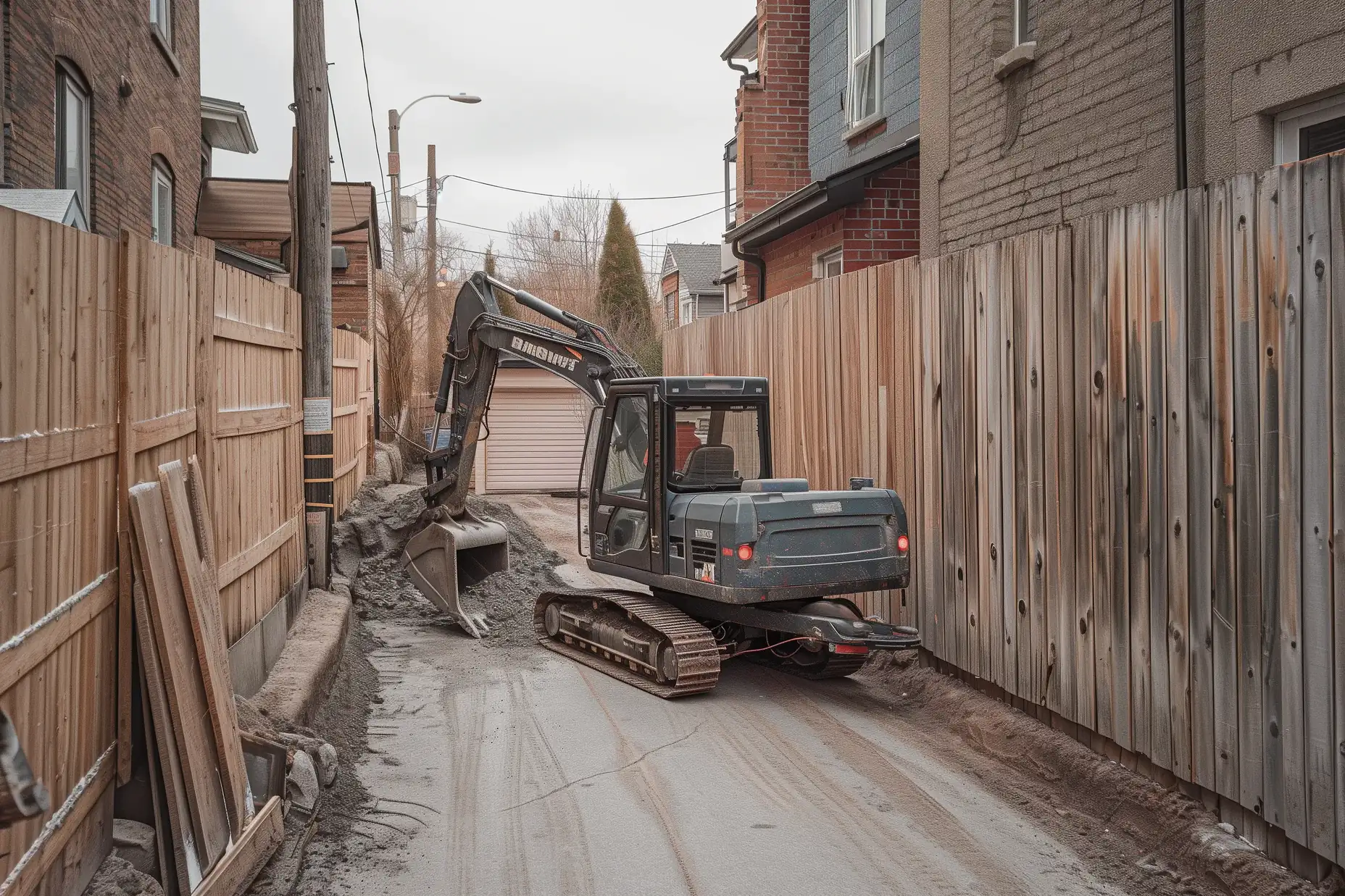 Compact excavator working in a narrow Toronto lane between fences at a laneway suite build site