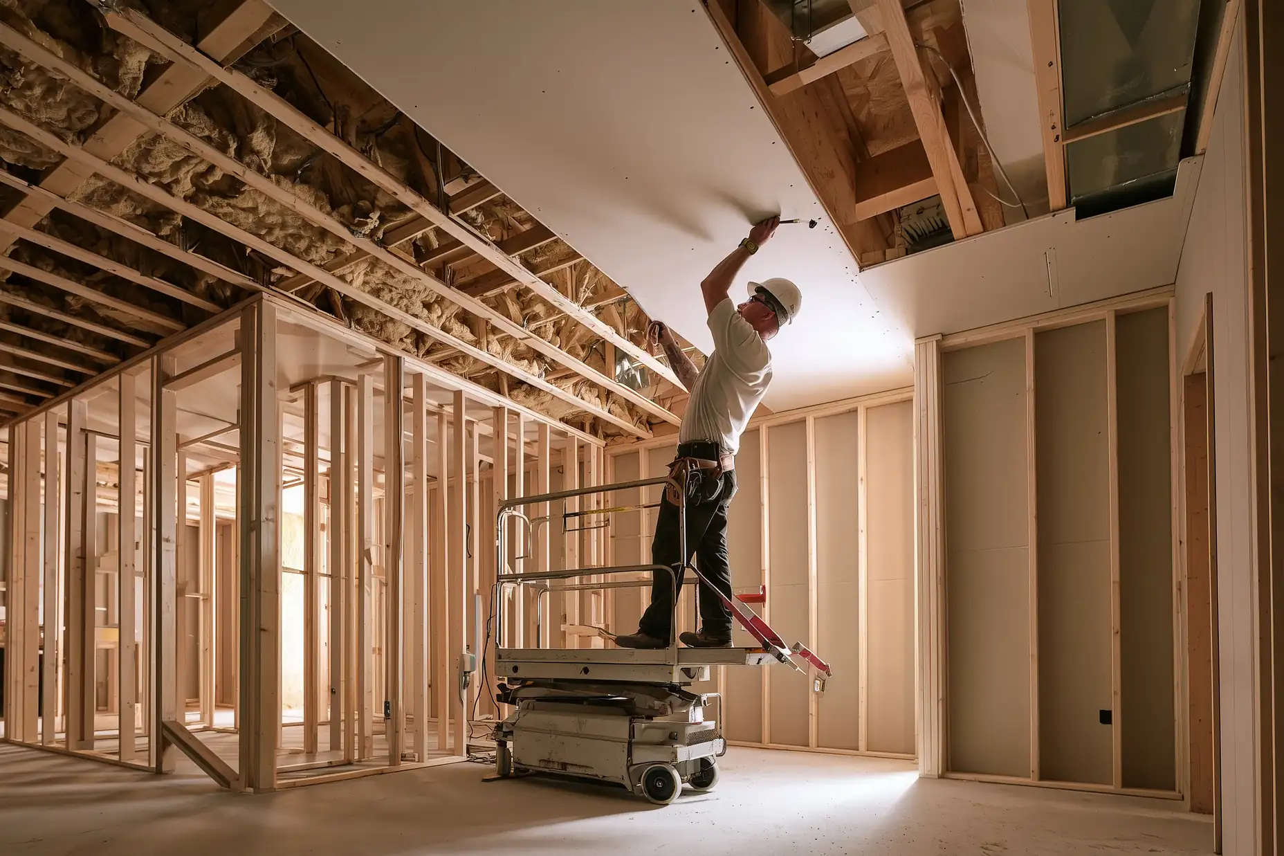 Installer hanging fire-rated drywall over sound insulation in a Toronto legal basement apartment ceiling