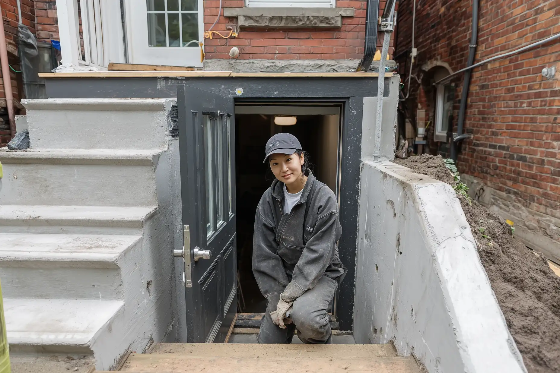 Contractor finishing the separate side entrance to a legal basement apartment in a Toronto house