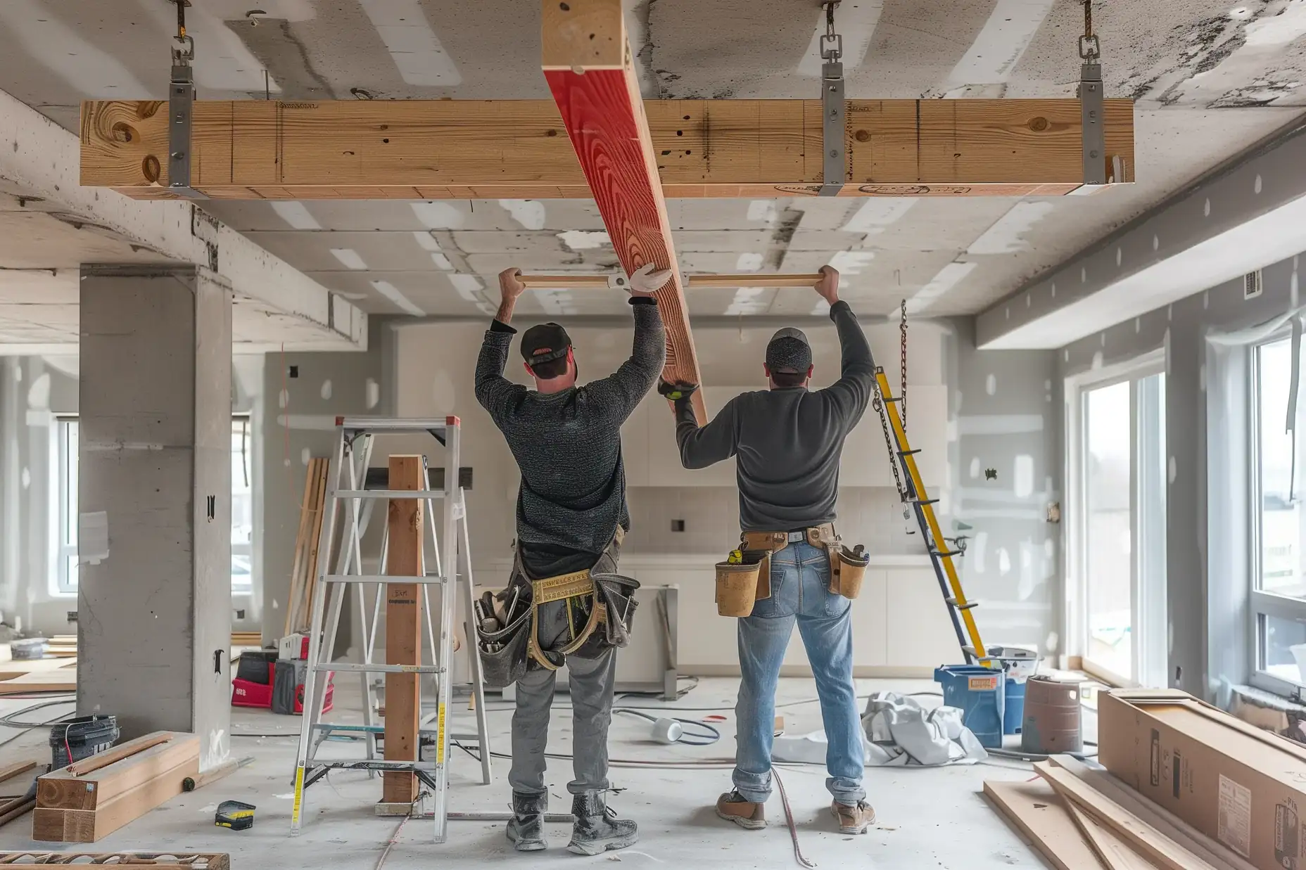 Carpenters lifting a new beam onto posts in the ceiling opening between a Toronto kitchen and living room