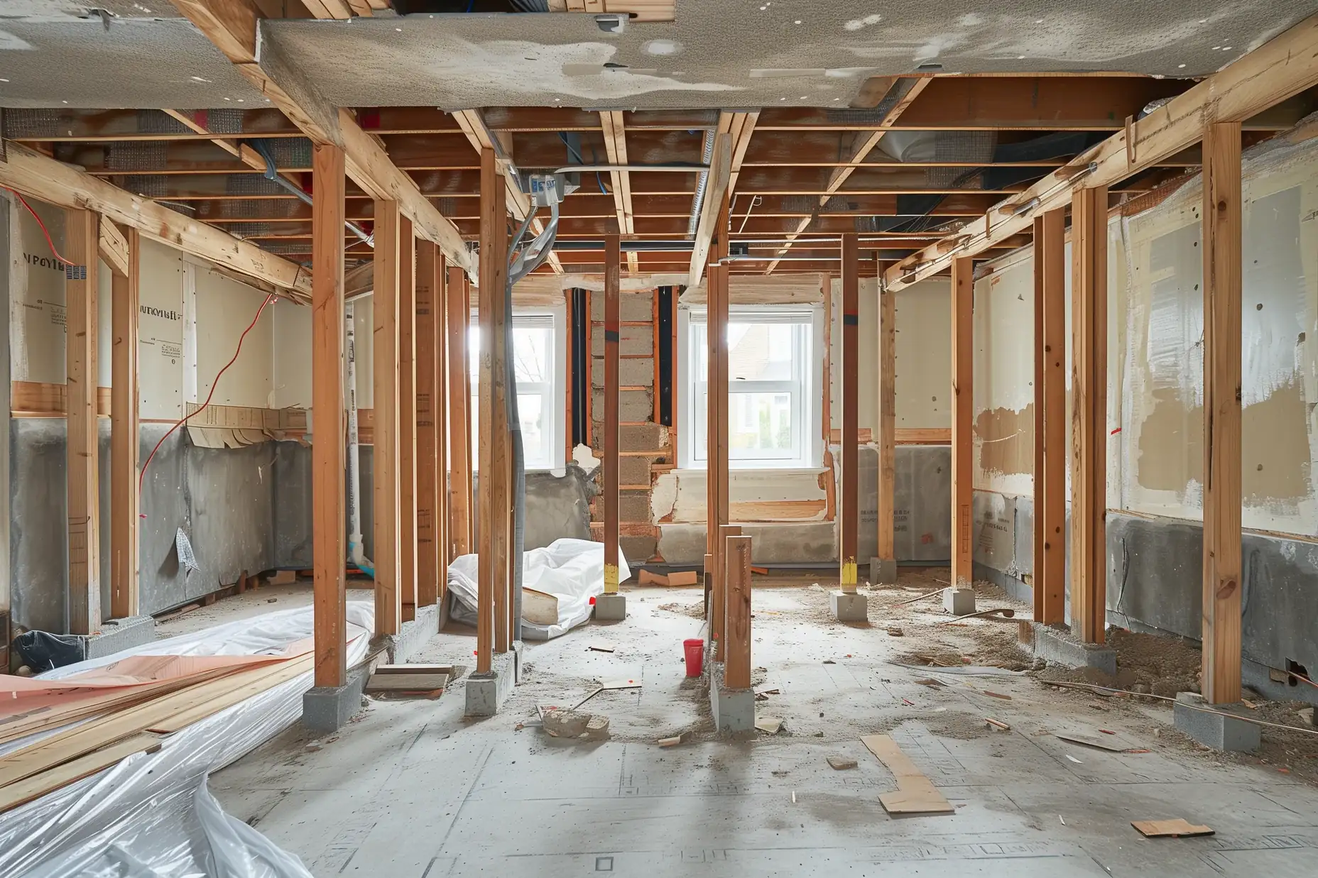 Temporary shoring walls holding up the ceiling during a load-bearing wall removal in a Toronto house