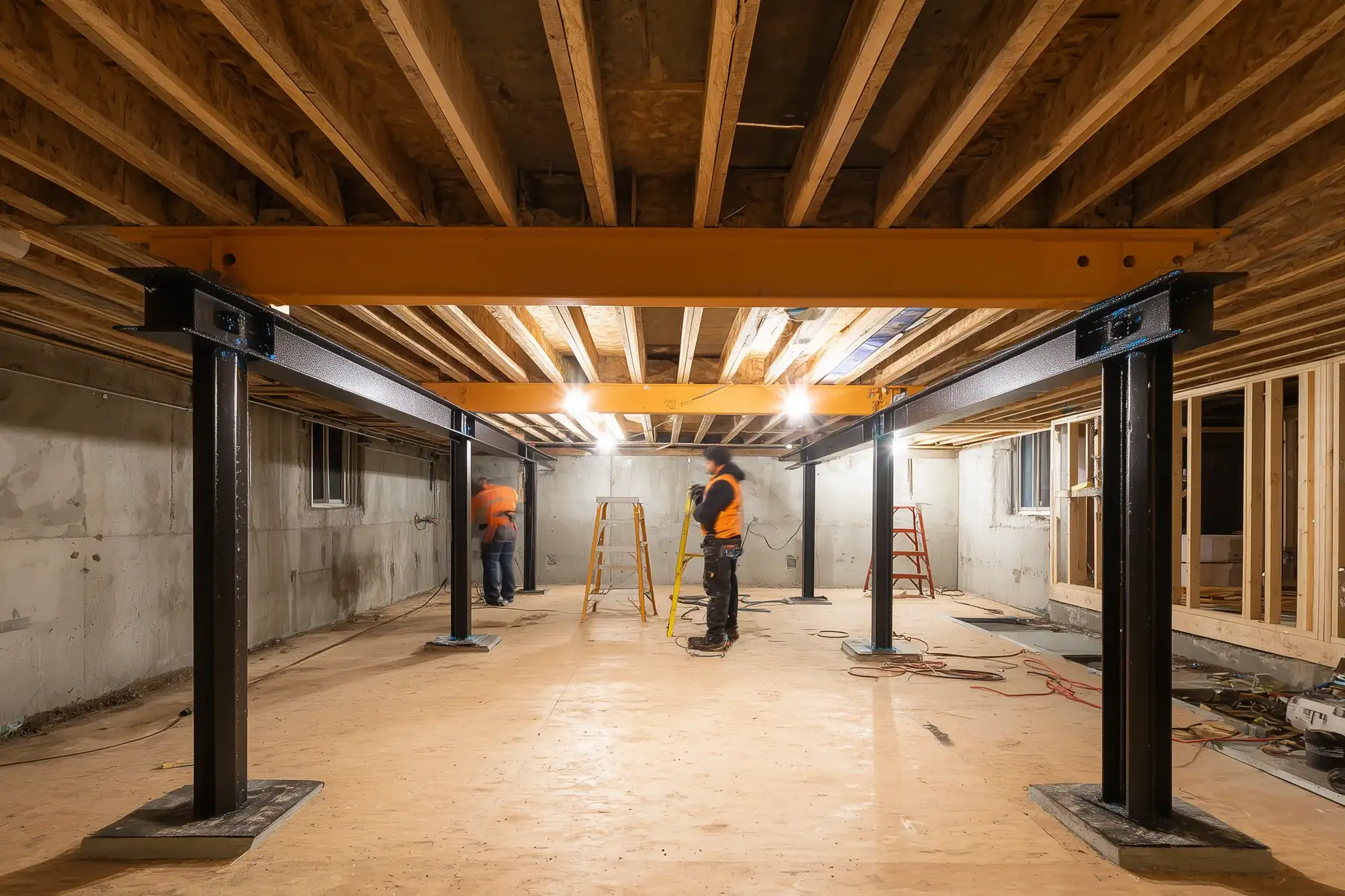 Crew installing a steel beam and posts in the basement of a Toronto bungalow to carry a second-storey addition