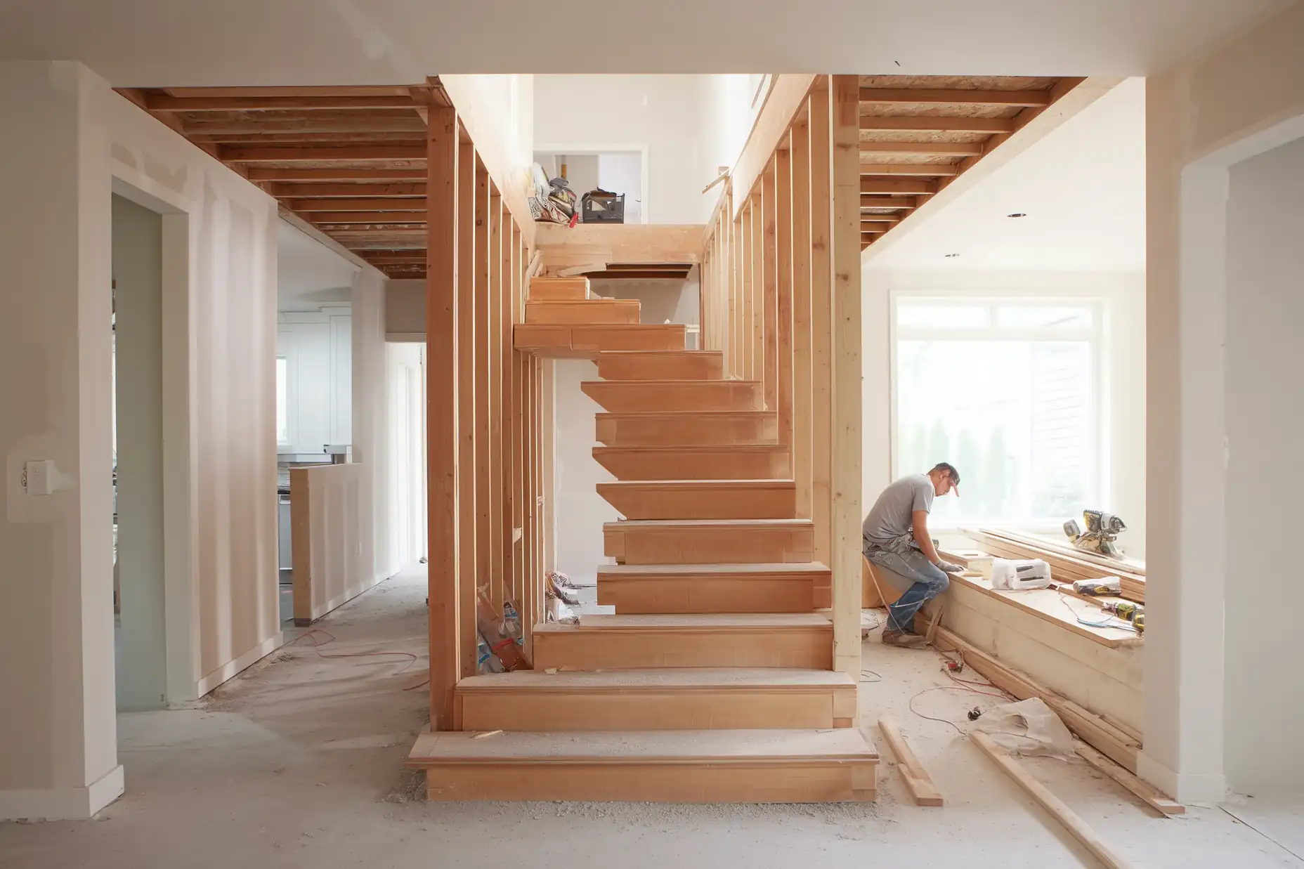 Carpenter framing a new staircase from the main floor up to a second-storey addition in a Toronto house