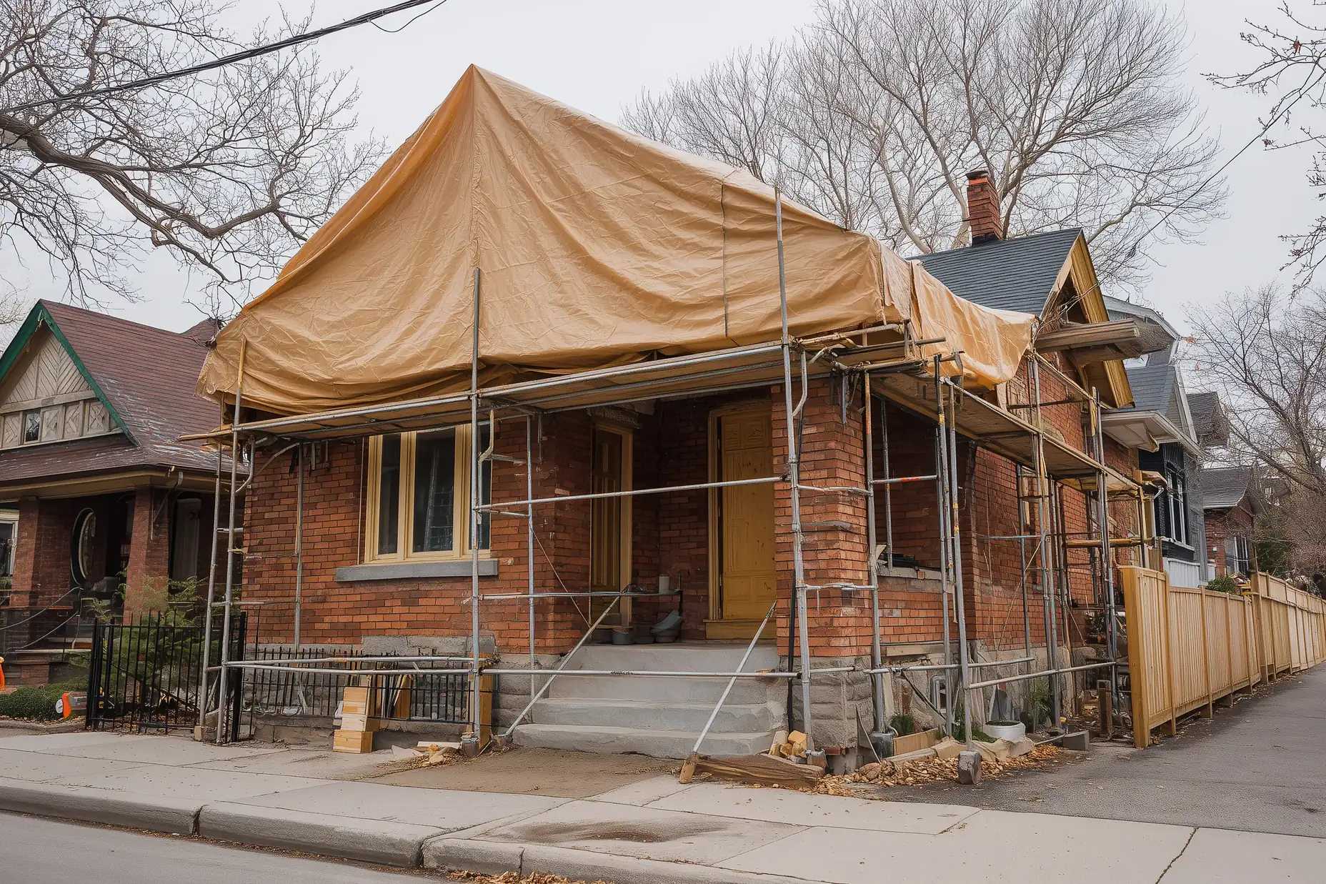 Toronto bungalow with its roof removed and the open top covered in tarps during a second-storey addition