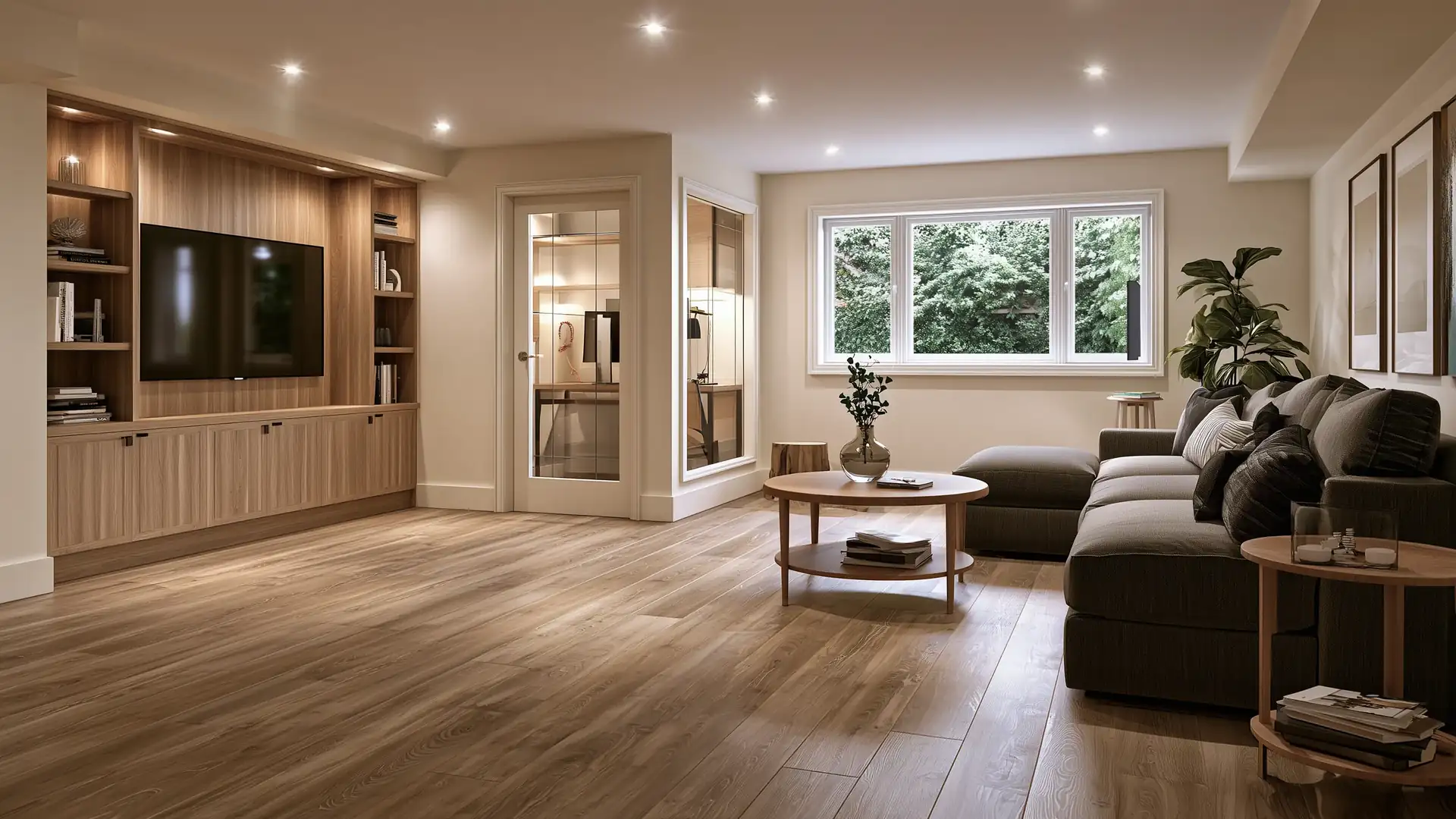 Finished basement family room with oak flooring and pot lights after a Toronto basement renovation