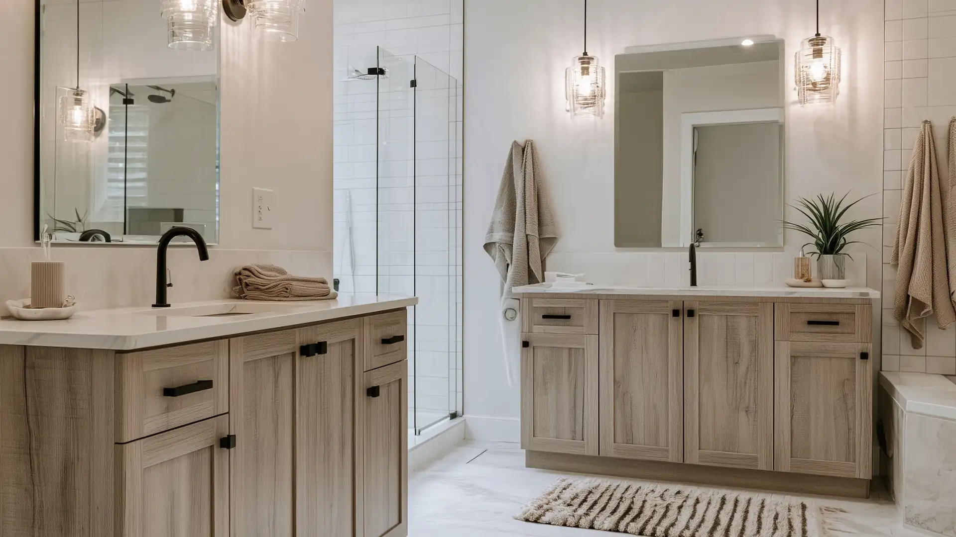 Renovated Toronto bathroom with a glass walk-in shower, grey porcelain tile, and an oak floating vanity