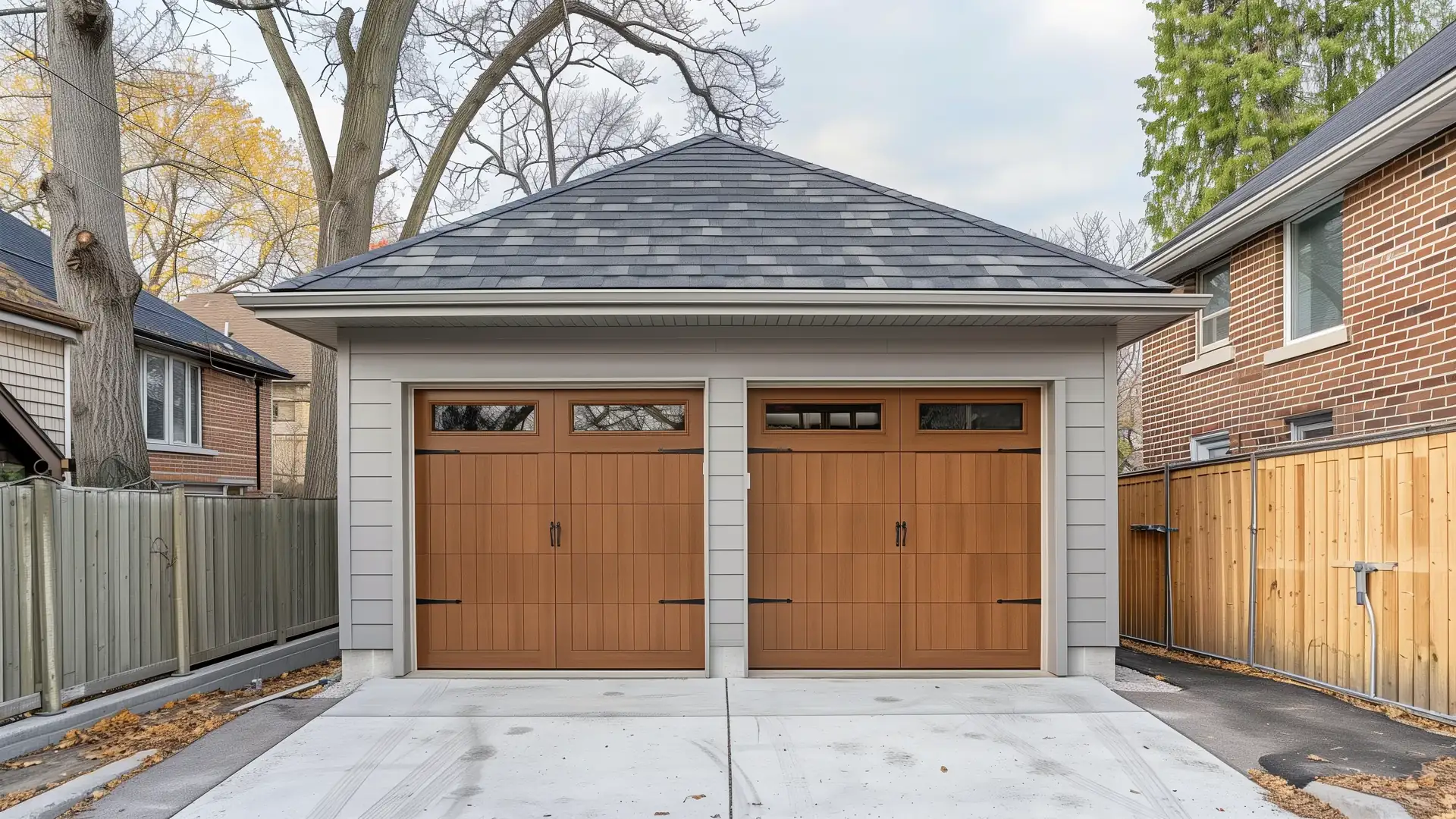 New two-car detached garage with grey fibre cement siding and a wood double garage door facing a Toronto laneway