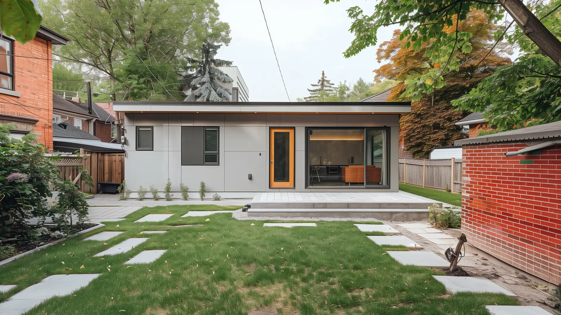 New one-storey garden suite with light grey fibre cement siding and a warm oak front door in a Toronto backyard