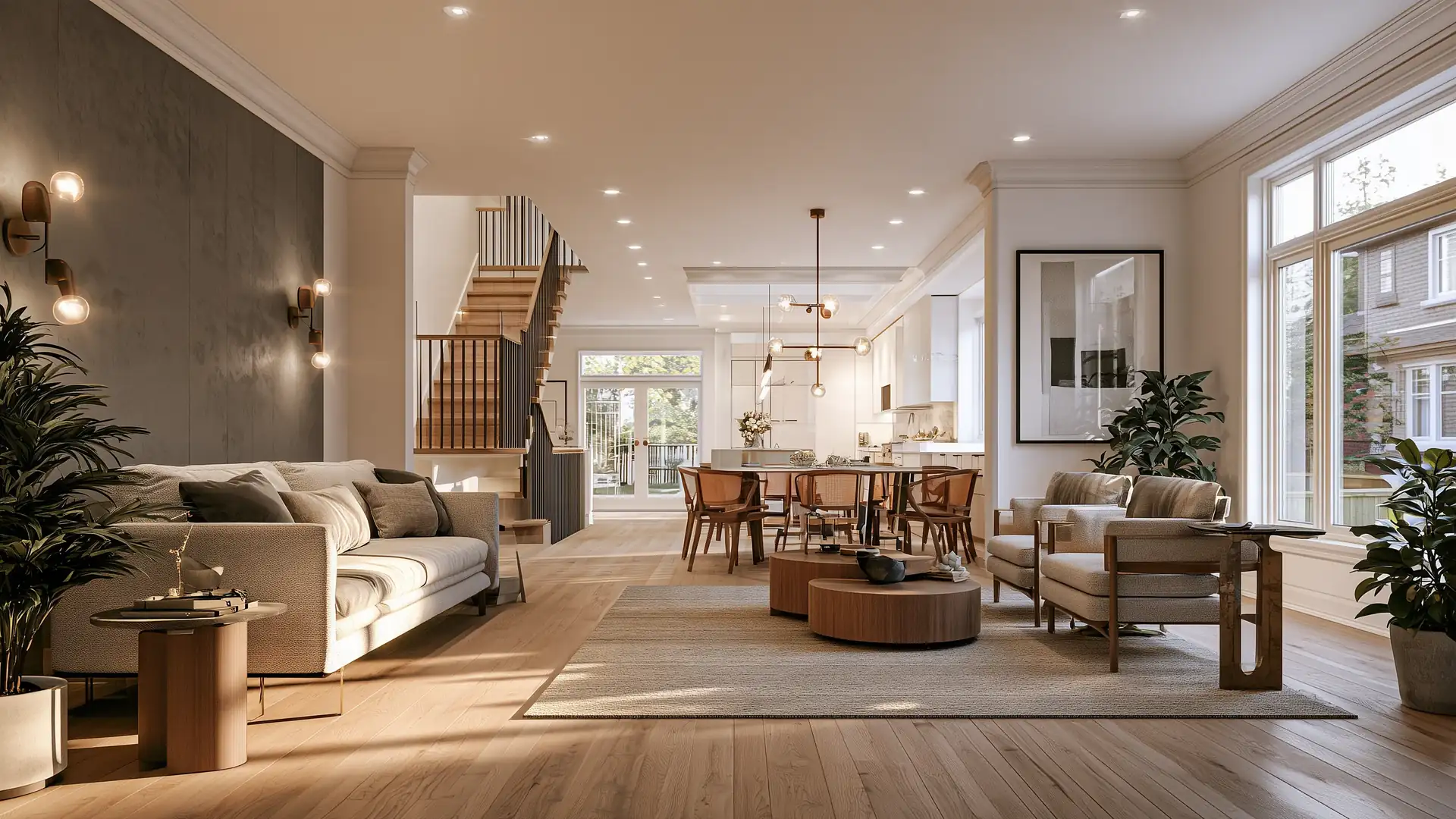 Whole-home renovation of a Toronto main floor with oak floors, white walls, new trim, and pot lights