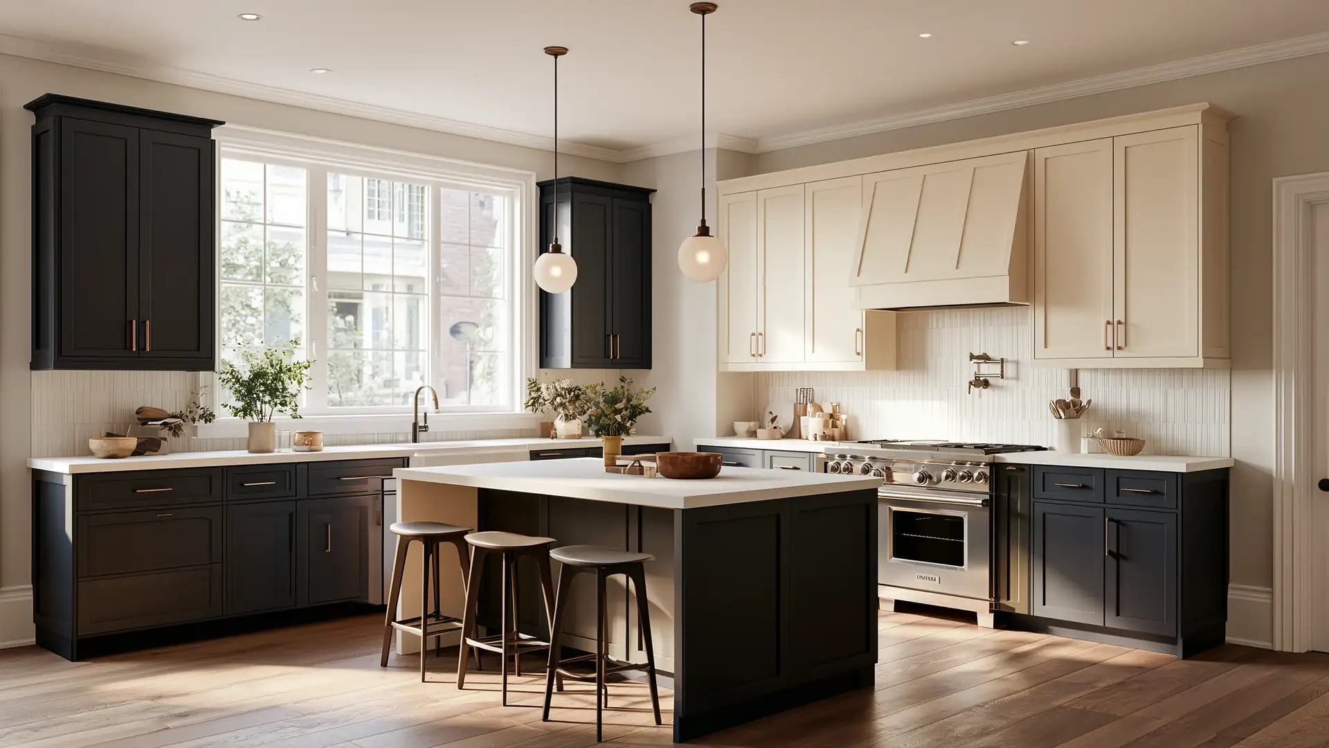 Renovated Toronto kitchen with charcoal and cream cabinets, white quartz countertops, and a large island
