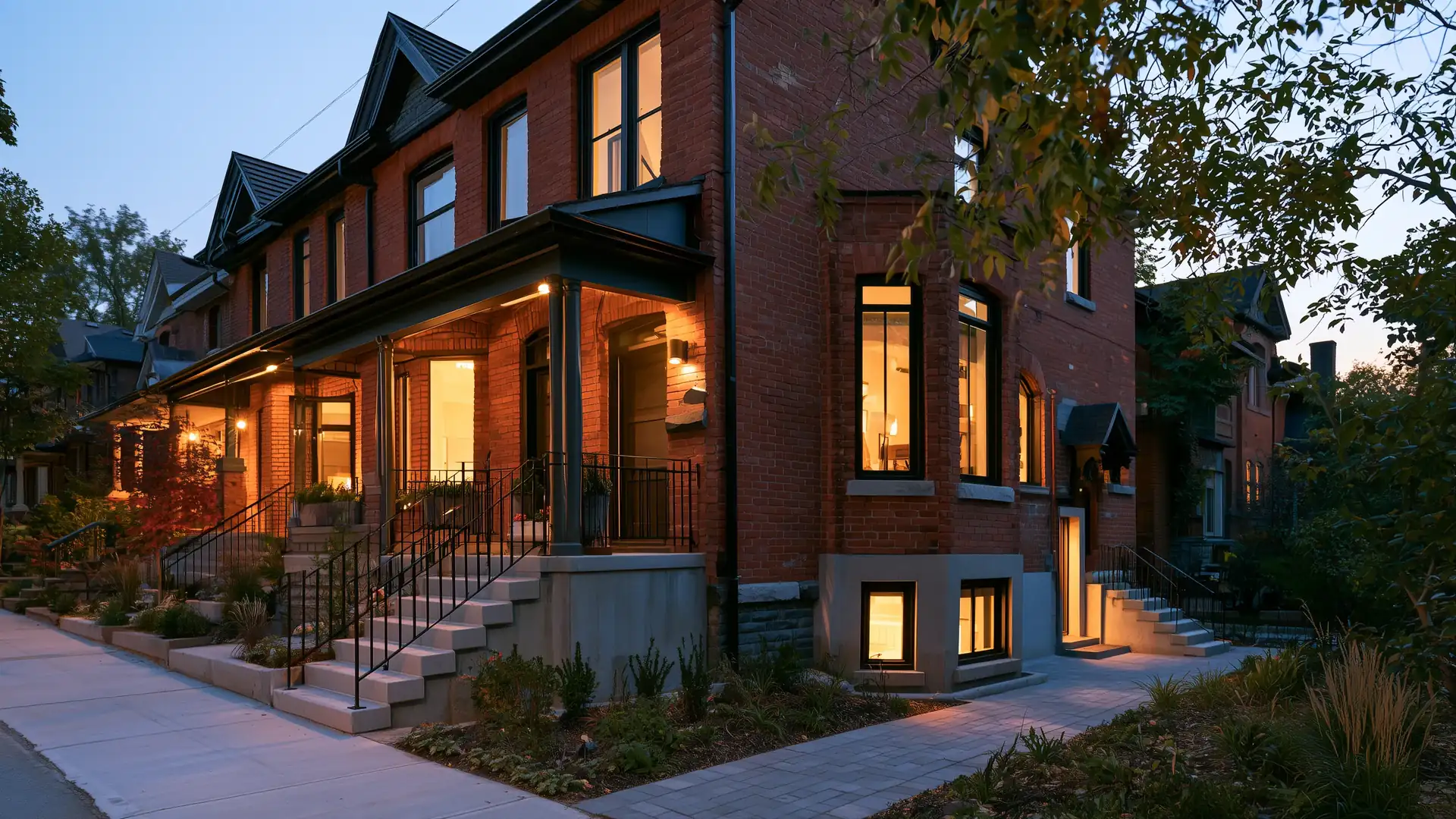 Toronto brick house at dusk with a lit side entrance leading down to a legal basement apartment
