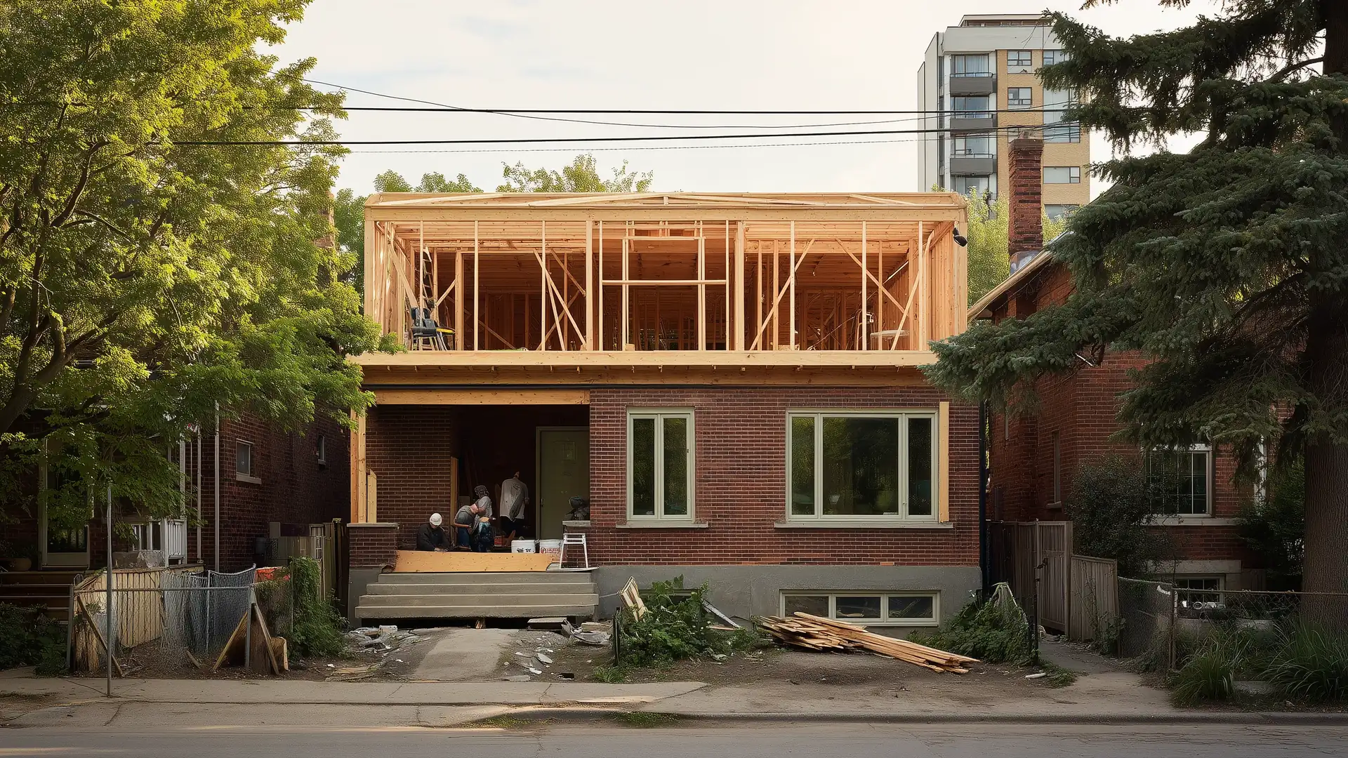 Crew framing a second-storey addition on top of a brick bungalow on a tree-lined Toronto street