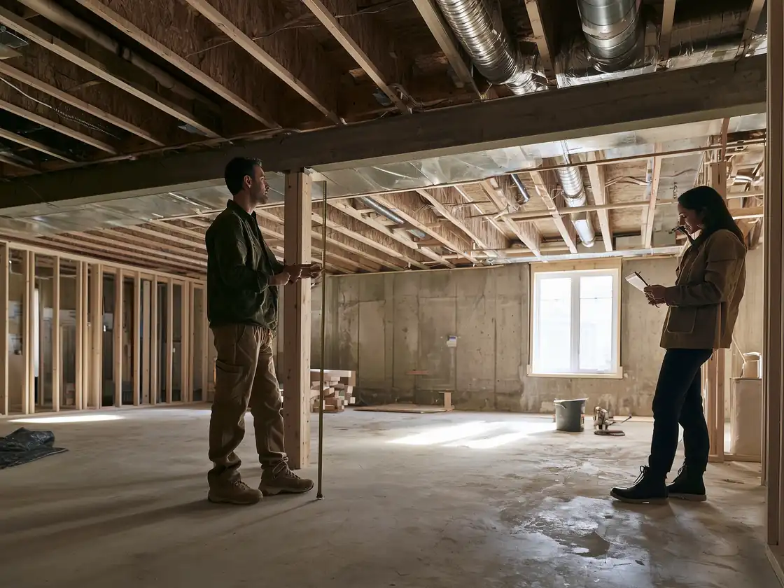 Contractor measuring ceiling height under the floor joists before a Toronto basement finishing quote