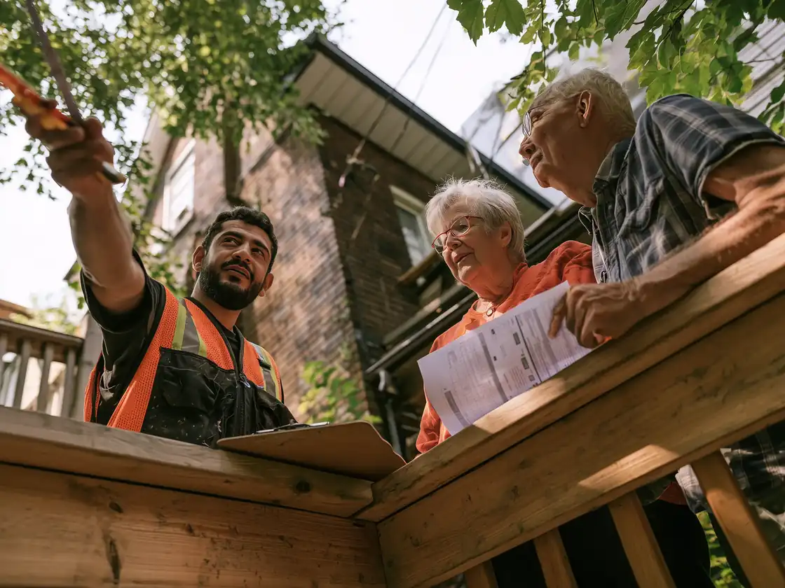 Contractor measuring the back wall of a Toronto house with homeowners during a home addition site visit