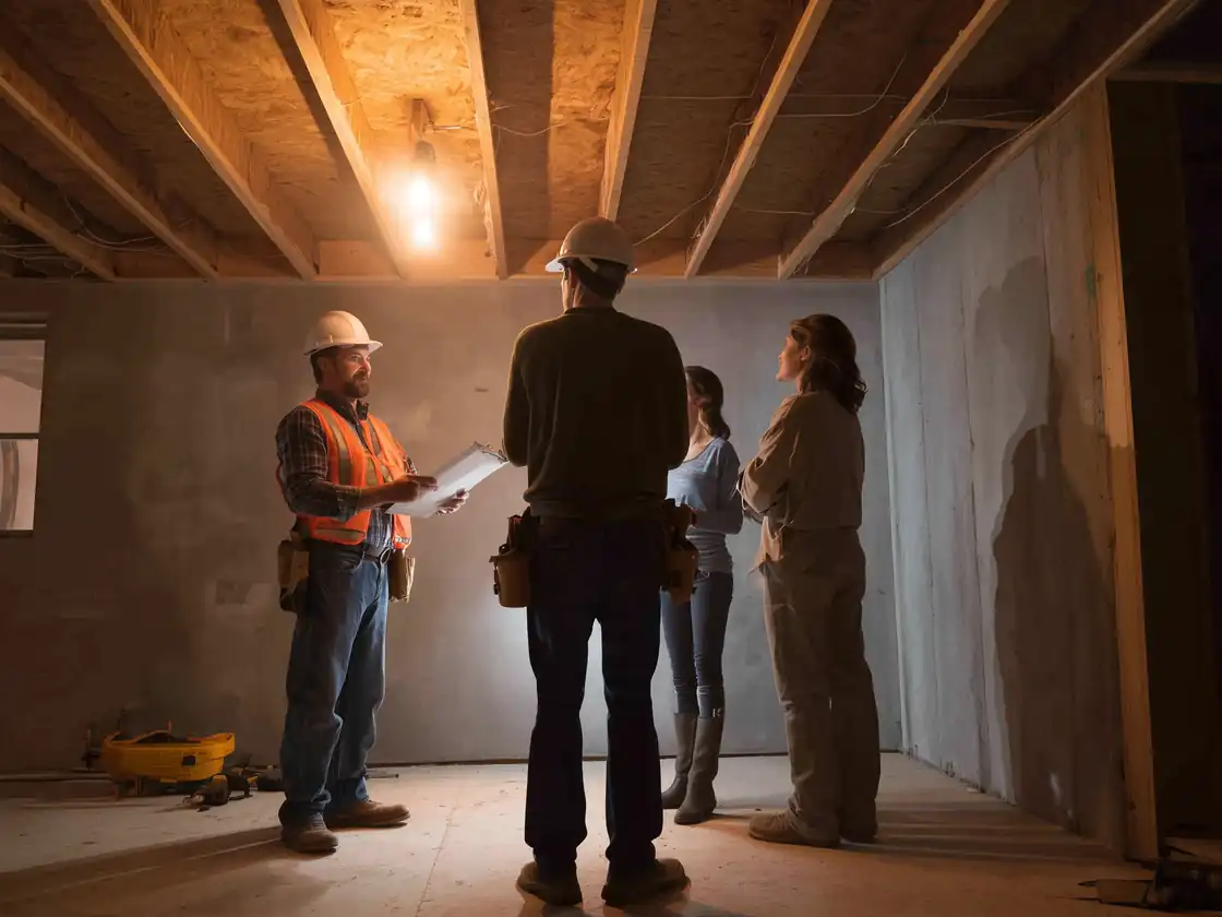 Engineer and contractor checking a Toronto bungalow foundation wall with the homeowners before a second-storey addition