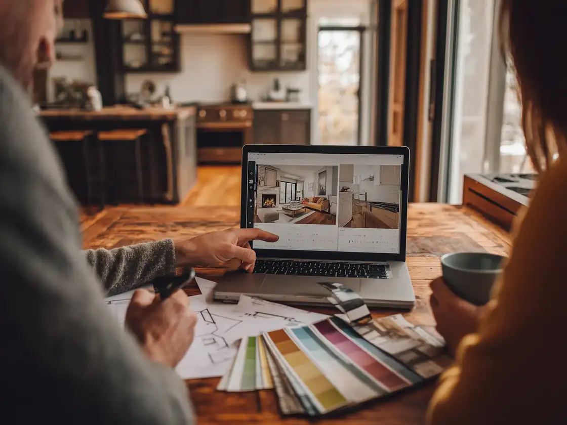 Homeowners pricing a kitchen renovation and a home addition on a laptop at their dining table in Toronto
