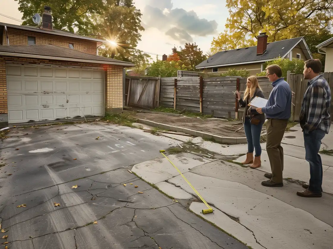 Contractor measuring a Toronto lot from the lane with homeowners during a laneway suite site visit